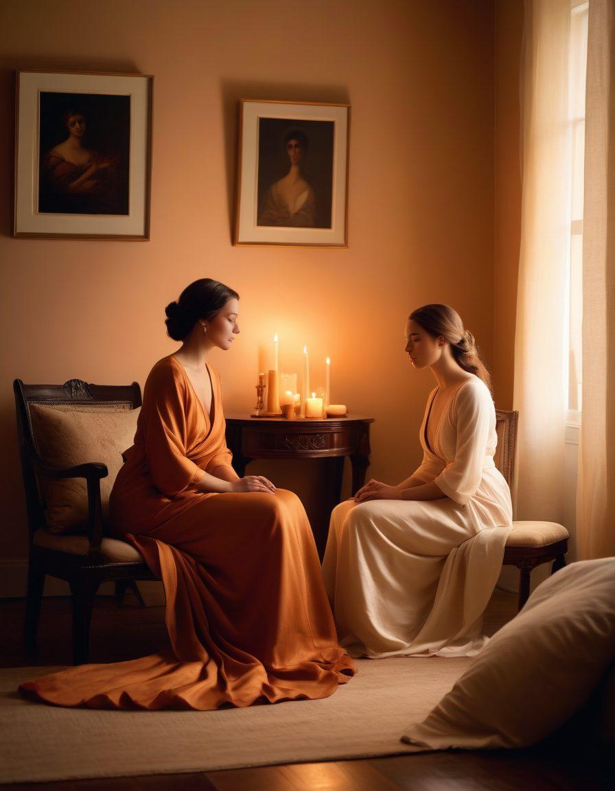 A serene and intimate scene of two figures in a warm, softly lit room, engaged in a deep conversation, reflecting warmth and connection. Surrounding them are elements symbolizing sensuality: gentle candlelight, delicate fabrics, and artful decor that suggest a safe and inviting atmosphere, enhancing feelings of trust and intimacy. The scene should evoke a sense of harmony and mutual understanding. super-realistic. warm colors. soft focus.