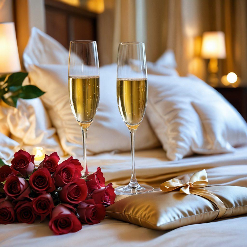 An elegant and inviting bedroom scene, featuring soft ambient lighting, plush pillows, and a sensual atmosphere. In the foreground, a tasteful arrangement of champagne flutes and rose petals suggests romance and intimacy. Subtle hints of opulence with gold textures and flowing fabrics in warm colors create a luxurious feel. The background includes a glimpse of a serene outdoor view, enhancing the sense of relaxation and connection. super-realistic. vibrant colors. soft focus.